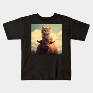 Feline Meets Bovine: Whimsical Cats and Gentle Cows Kids T-Shirt